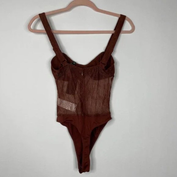 NWT Danielle Bernstein Lace Illusion Thong Bodysuit Warm Brown Mesh - Picture 4 of 5